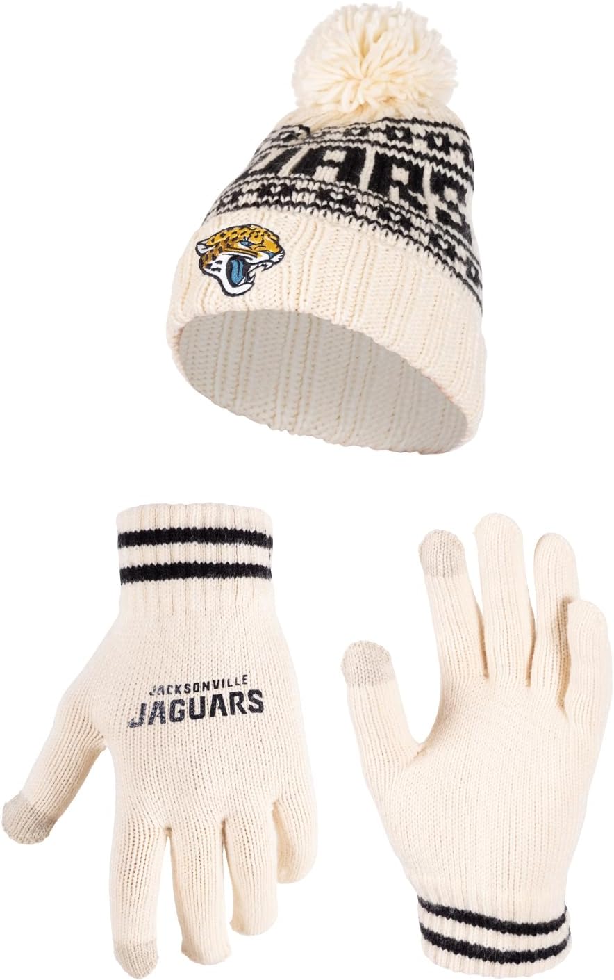 Ultra Game NFL Official Adults Super Soft Cable Knit Winter Beanie Knit Hat with Extra Warm Touch Screen Gloves, Jacksonville Jaguars, One Size|Jacksonville Jaguars