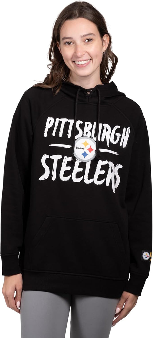 Ultra Game NFL Women's Official Super Soft Tie Neck Pullover Hoodie Sweatshirt, Pittsburgh Steelers, Team Color|Pittsburgh Steelers