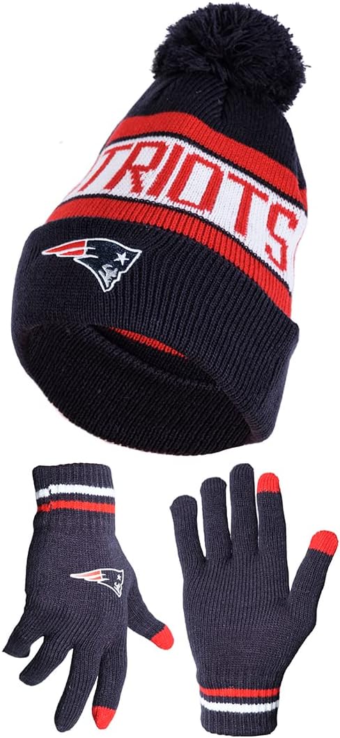 Ultra Game NFL Official Adults Unisex Super Soft Winter Beanie Knit Hat With Extra Warm Touch Screen Gloves, New England Patriots, Team Color, 1 SIZE|New England Patriots