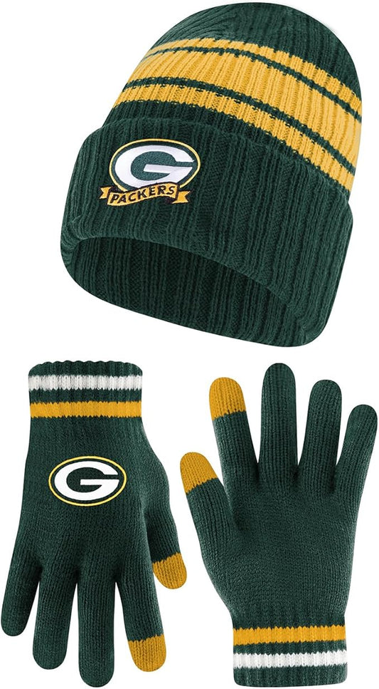 Ultra Game Youth NFL Official Super Soft Team Stripe Winter Beanie Knit Hat with Extra Warm Touch Screen Gloves|Green Bay Packers