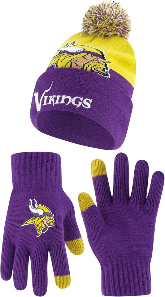 Ultra Game NFL Official Youth Super Soft Winter Beanie Knit Hat With Extra Warm Touch Screen Gloves, Minnesota Vikings, Team Color 2, 1SIZE|Minnesota Vikings