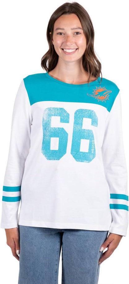 Ultra Game NFL Official Women's Super Soft Raglan Vintage Baseball T-Shirt, Miami Dolphins, White|Miami Dolphins