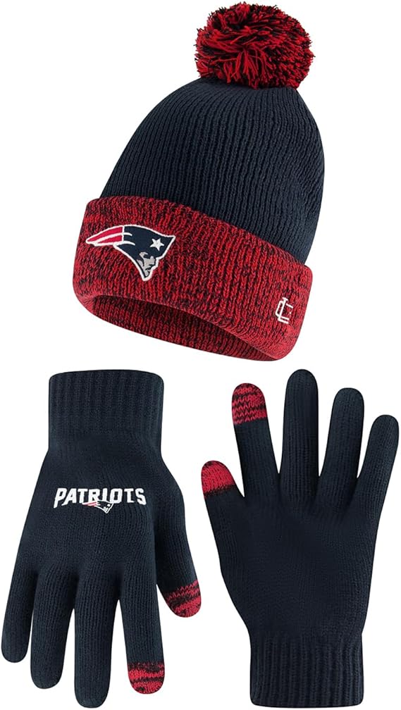 Ultra Game NFL Official Youth Super Soft Two Tone Winter Beanie Knit Hat with Extra Warm Touch Screen Gloves, New England Patriots, Team Color, One Size|New England Patriots