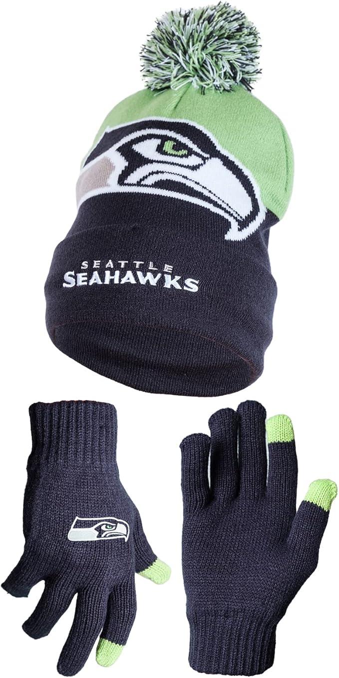 Ultra Game NFL Official Adults Unisex Super Soft Winter Beanie Knit Hat With Extra Warm Touch Screen Gloves, Seattle Seahawks, Team Color, 1SIZE|Seattle Seahawks