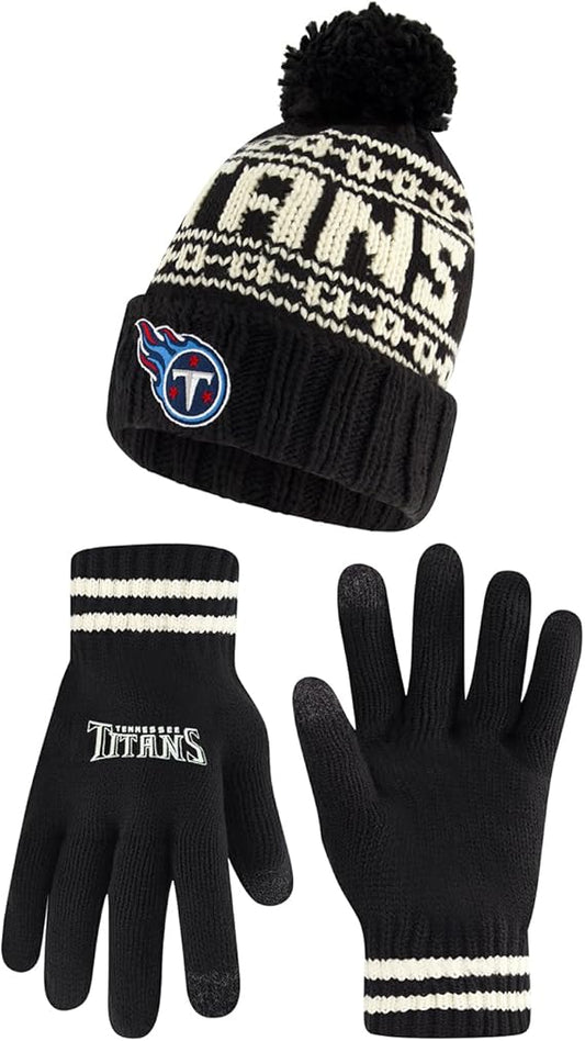 Ultra Game NFL Official Adults Super Soft Cable Knit Winter Beanie Knit Hat with Extra Warm Touch Screen Gloves, Tennessee Titans, Black, One Size|Tennessee Titans