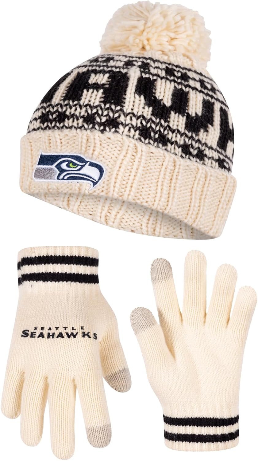 Ultra Game NFL Official Adults Super Soft Cable Knit Winter Beanie Knit Hat with Extra Warm Touch Screen Gloves, Seattle Seahawks, One Size|Seattle Seahawks