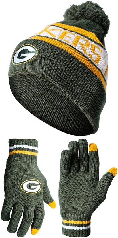 NFL Official Adults Unisex Super Soft Winter Beanie Knit Hat With Extra Warm Touch Screen Gloves|Green Bay Packers