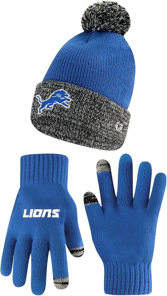 NFL Official Adults Super Soft Two Tone Winter Beanie Knit Hat with Extra Warm Touch Screen Gloves|Detroit Lions