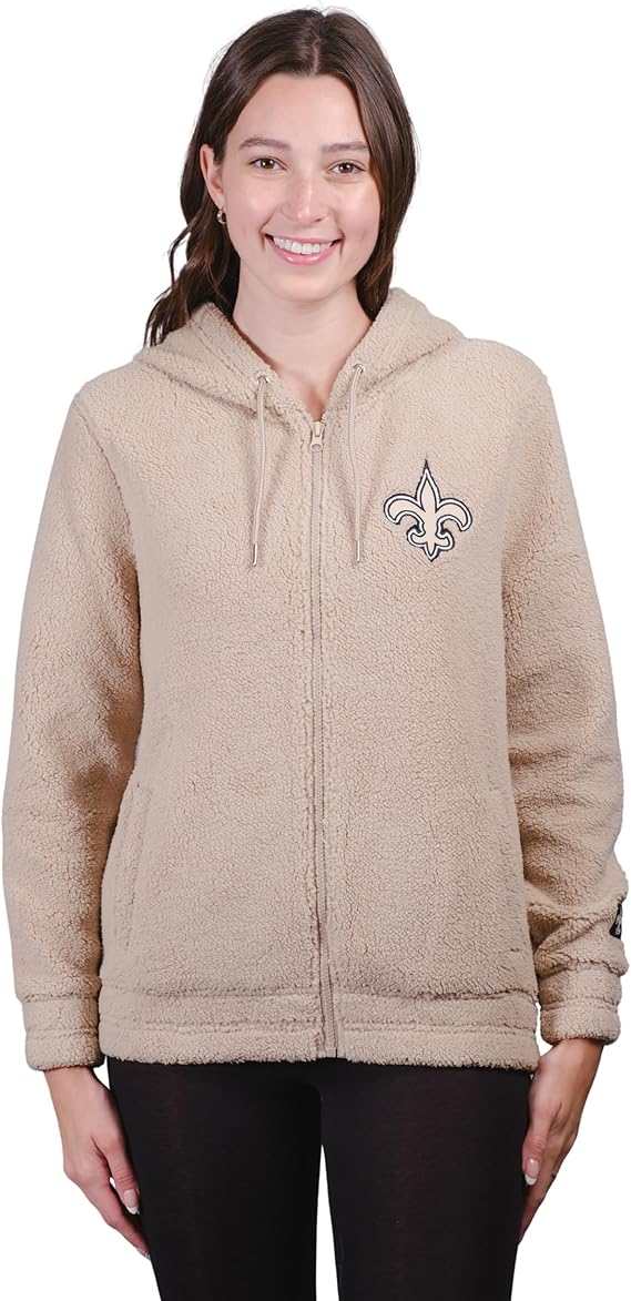 Ultra Game NFL Official Women's Super Soft Sherpa Full Zip Hoodie Sweatshirt Jacket, New Orleans Saints, Sand|New Orleans Saints