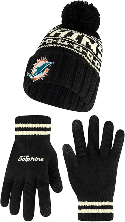 NFL Official Adults Super Soft Cable Knit Winter Beanie Knit Hat with Extra Warm Touch Screen Gloves|Miami Dolphins