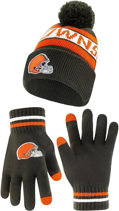 Ultra Game NFL Official Youth Super Soft Winter Beanie Knit Hat With Extra Warm Touch Screen Gloves, Cleveland Browns, Team Color 1, 1 SIZE|Cleveland Browns