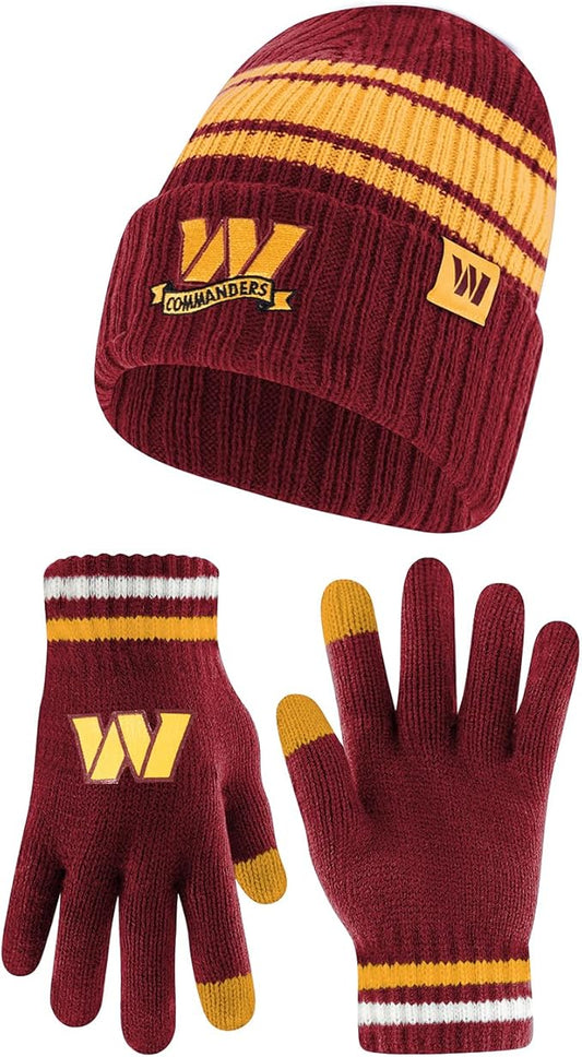 Ultra Game NFL Official Adults Super Soft Winter Beanie Knit Hat with Extra Warm Touch Screen Gloves, Washington Commanders, Team Color, 1SIZE|Washington Commanders