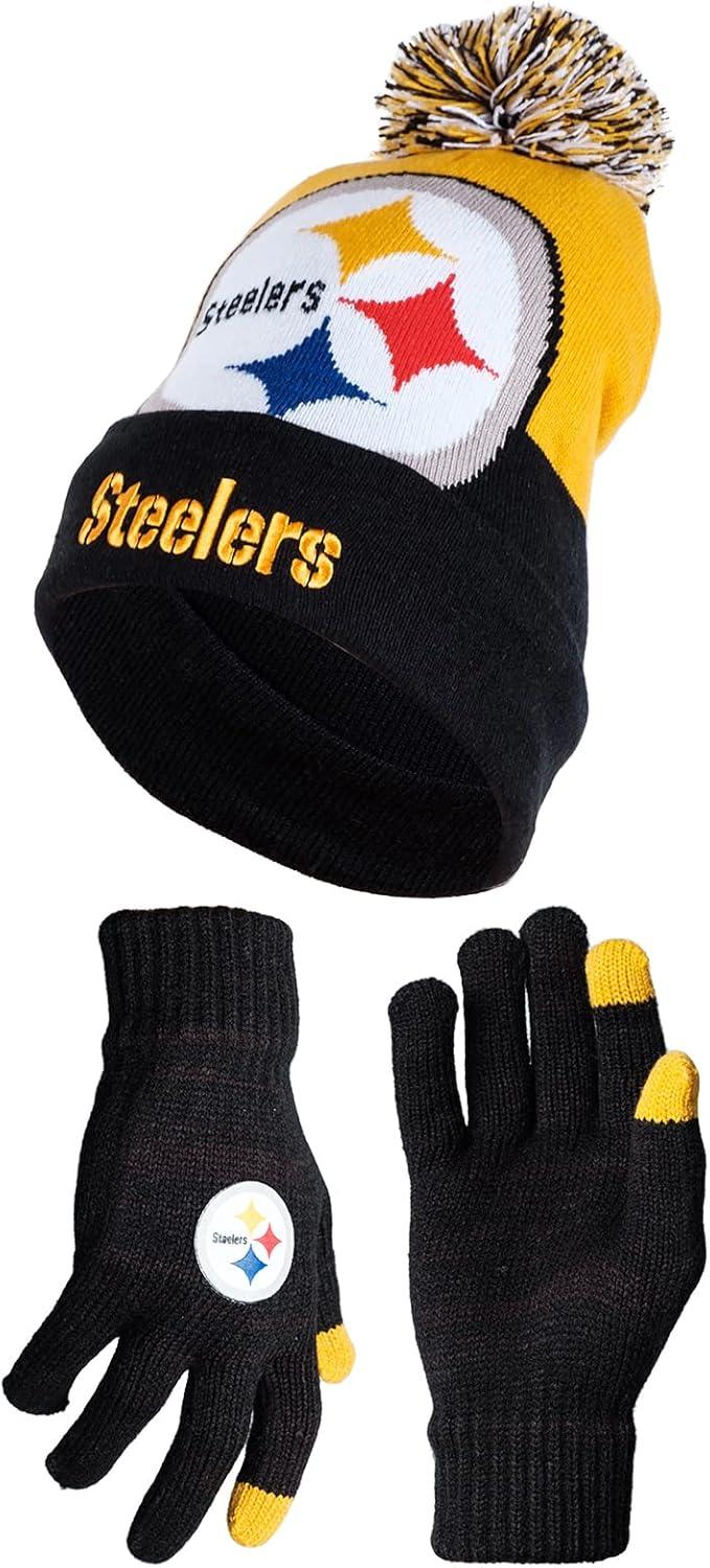 Ultra Game NFL Official Adults Unisex Super Soft Winter Beanie Knit Hat With Extra Warm Touch Screen Gloves, Pittsburgh Steelers, Team Color, 1SIZE|Pittsburgh Steelers