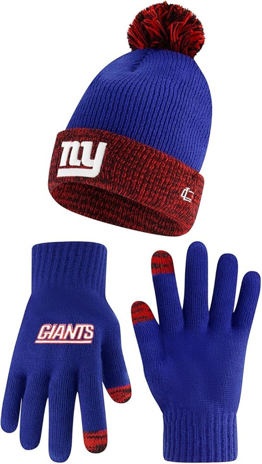 Ultra Game NFL Official Youth Super Soft Two Tone Winter Beanie Knit Hat with Extra Warm Touch Screen Gloves, New York Giants, Team Color, One Size|New York Giants