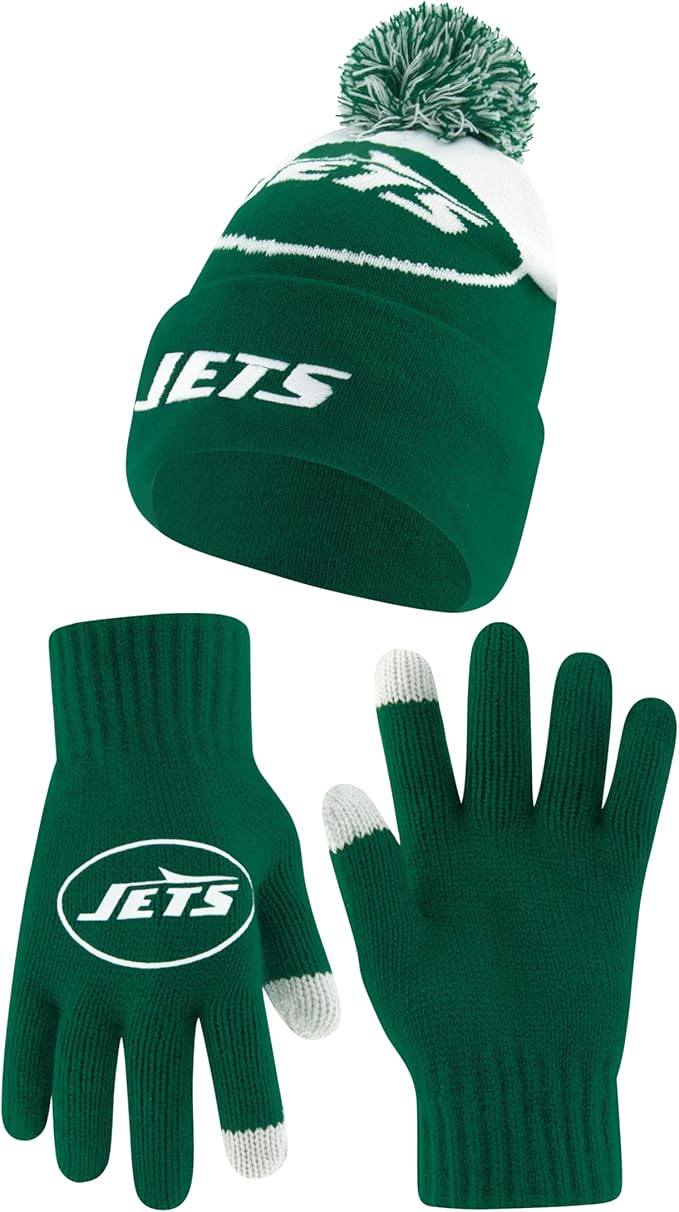 Ultra Game NFL Official Adults Unisex Super Soft Winter Beanie Knit Hat With Extra Warm Touch Screen Gloves, New York Jets, Team Color, 1SIZE|New York Jets