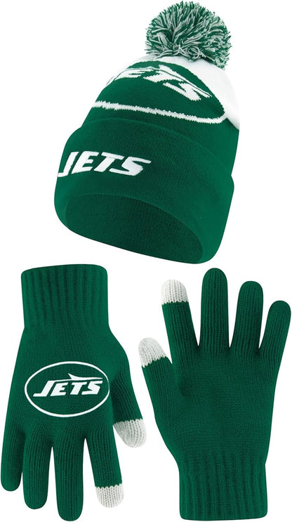 Ultra Game NFL Official Adults Unisex Super Soft Winter Beanie Knit Hat With Extra Warm Touch Screen Gloves, New York Jets, Team Color, 1SIZE|New York Jets