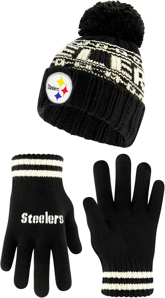 NFL Official Youth Super Soft Cable Knit Winter Beanie Knit Hat with Extra Warm Touch Screen Gloves|Pittsburgh Steelers