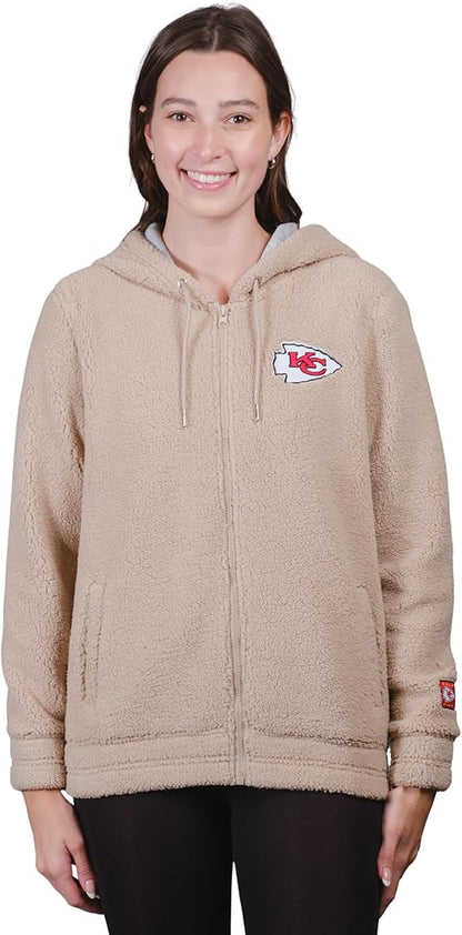 Ultra Game NFL Official Women's Super Soft Sherpa Full Zip Hoodie Sweatshirt Jacket, Kansas City Chiefs, Sand|Kansas City Chiefs