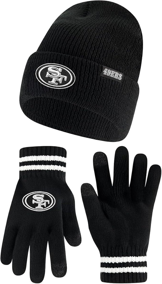 NFL Official Adults Super Soft Marled Winter Beanie Knit Hat with Extra Warm Touch Screen Gloves|San Francisco 49ers