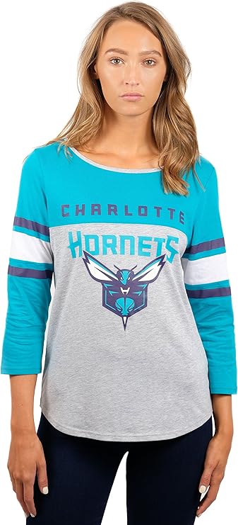 Ultra Game NBA Official Women's Raglan Baseball 3/4 Long Sleeve Shirt, Charlotte Hornets, Heather Gray|Charlotte Hornets