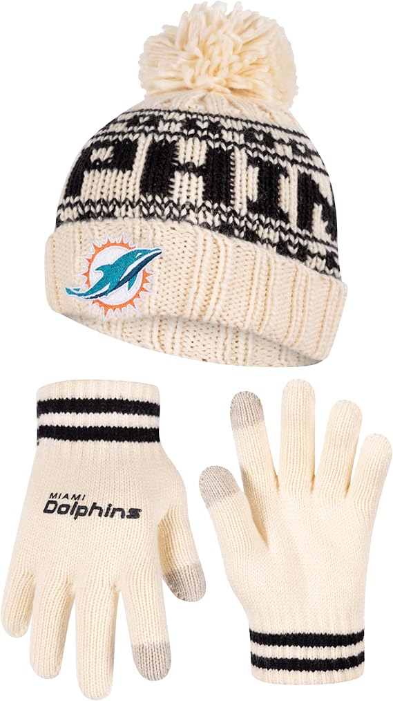 NFL Official Adults Super Soft Cable Knit Winter Beanie Knit Hat with Extra Warm Touch Screen Gloves|Miami Dolphins