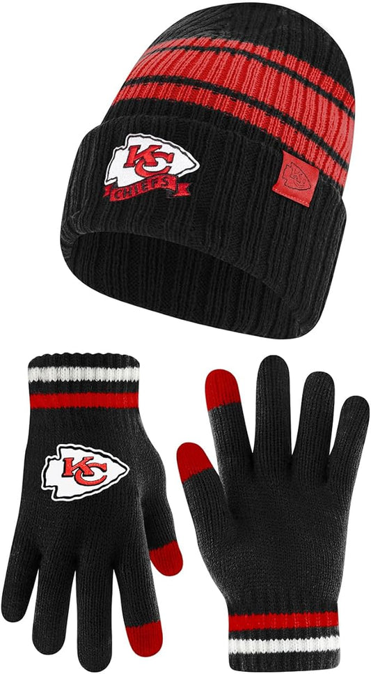 Ultra Game NFL Kansas City Chiefs Womens Super Soft Team Stripe Winter Beanie Knit Hat with Extra Warm Touch Screen Gloves|Kansas City Chiefs