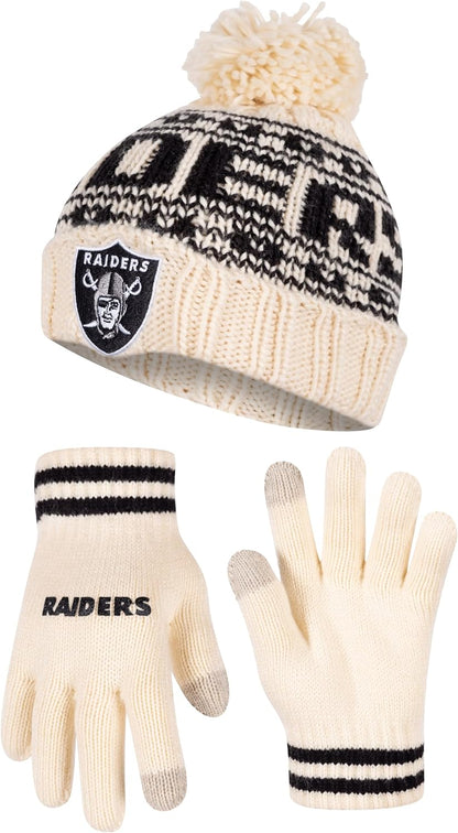 NFL Official Adults Super Soft Cable Knit Winter Beanie Knit Hat with Extra Warm Touch Screen Gloves|Las Vegas Raiders