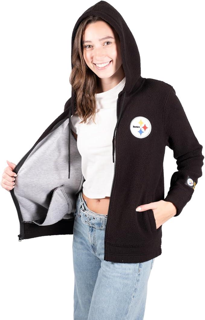 Ultra Game NFL Official Women's Full Zip Soft Sherpa Hoodie Sweatshirt Jacket, Pittsburgh Steelers, Team Color|Pittsburgh Steelers