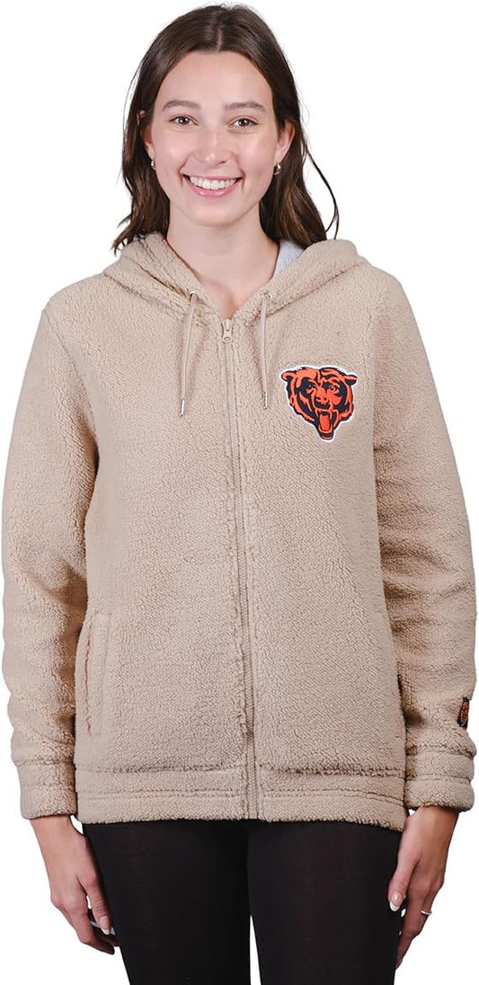 Ultra Game NFL Official Women's Super Soft Sherpa Full Zip Hoodie Sweatshirt Jacket, Chicago Bears, Sand|Chicago Bears