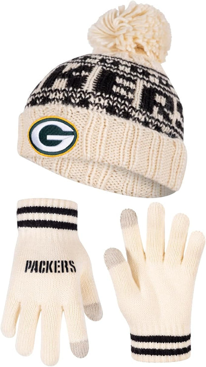 NFL Official Super Soft Cable Knit Winter Beanie Knit Hat with Extra Warm Touch Screen Gloves|Green Bay Packers