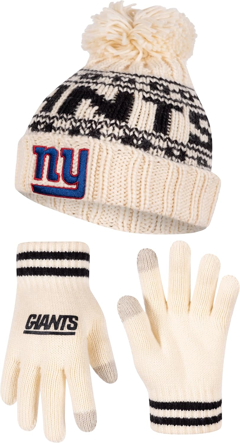 Ultra Game NFL Official Adults Super Soft Cable Knit Winter Beanie Knit Hat with Extra Warm Touch Screen Gloves, New York Giants, One Size|New York Giants