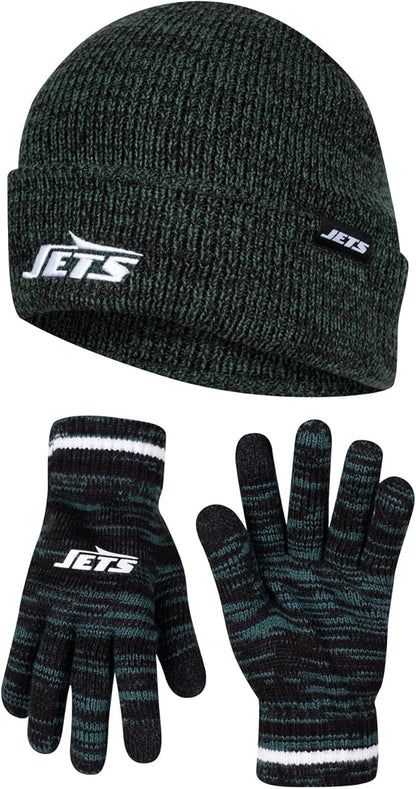 NFL Official Super Soft Marl Knit Winter Beanie Knit Hat with Extra Warm Touch Screen Gloves|New York Jets