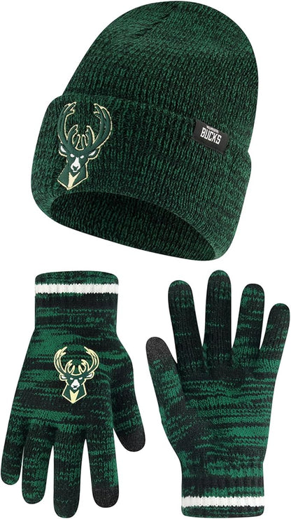 Ultra Game NBA Official Men's Super Soft Winter Beanie Knit Hat with Extra Warm Touch Screen Gloves, Milwaukee Bucks, Team Color|Milwaukee Bucks