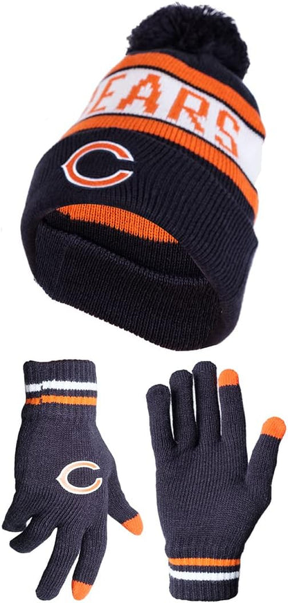 Ultra Game NFL Official Adults Unisex Super Soft Winter Beanie Knit Hat With Extra Warm Touch Screen Gloves, Chicago Bears, Team Color 2, 1SIZE|Chicago Bears