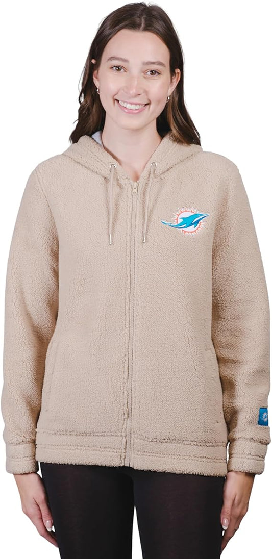 Ultra Game NFL Official Women's Super Soft Sherpa Full Zip Hoodie Sweatshirt Jacket, Miami Dolphins, Sand|Miami Dolphins