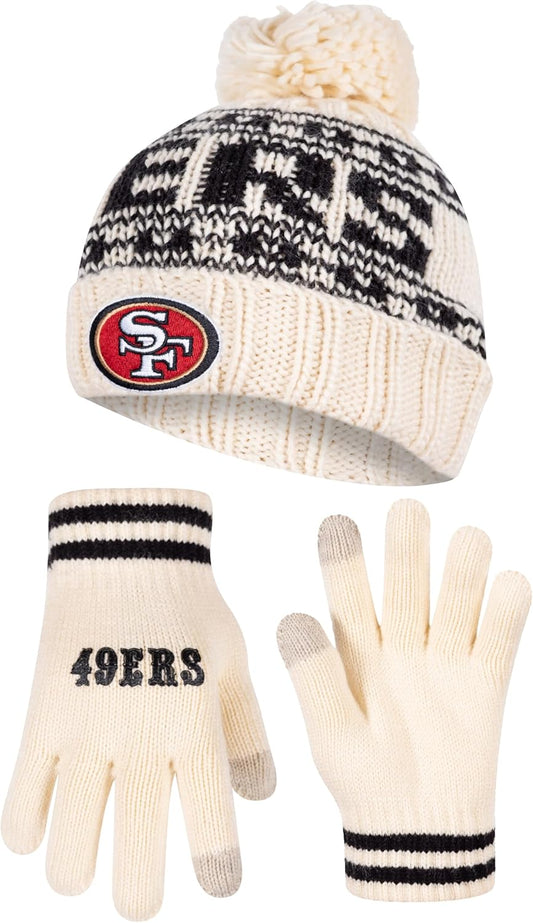 NFL Official Adults Super Soft Cable Knit Winter Beanie Knit Hat with Extra Warm Touch Screen Gloves|San Francisco 49ers