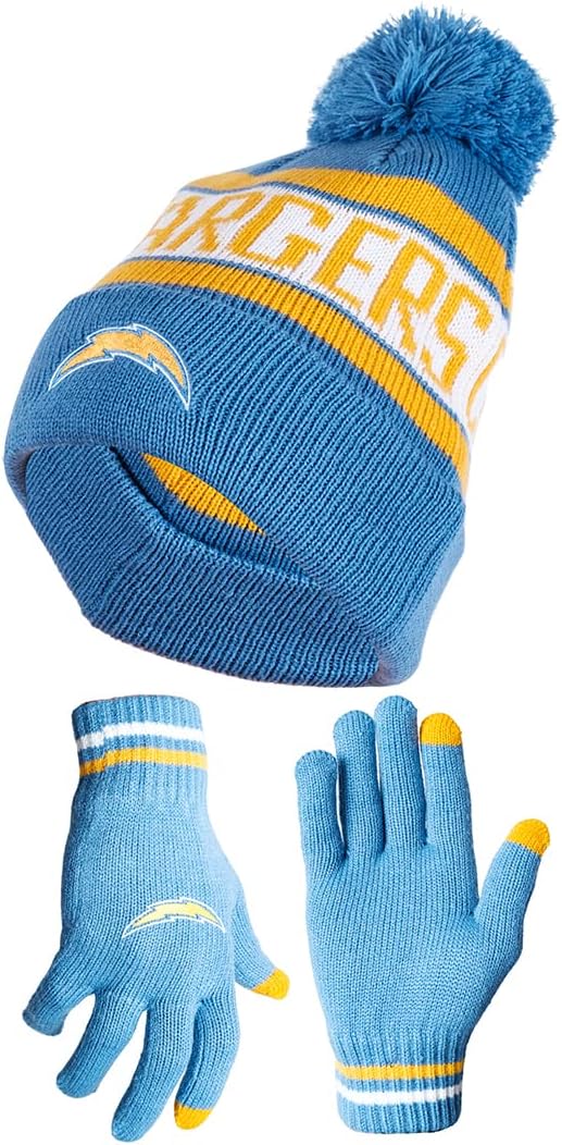 Ultra Game NFL Official Adults Unisex Super Soft Winter Beanie Knit Hat With Extra Warm Touch Screen Gloves, Los Angeles Chargers, Team Color, 1SIZE|Los Angeles Chargers