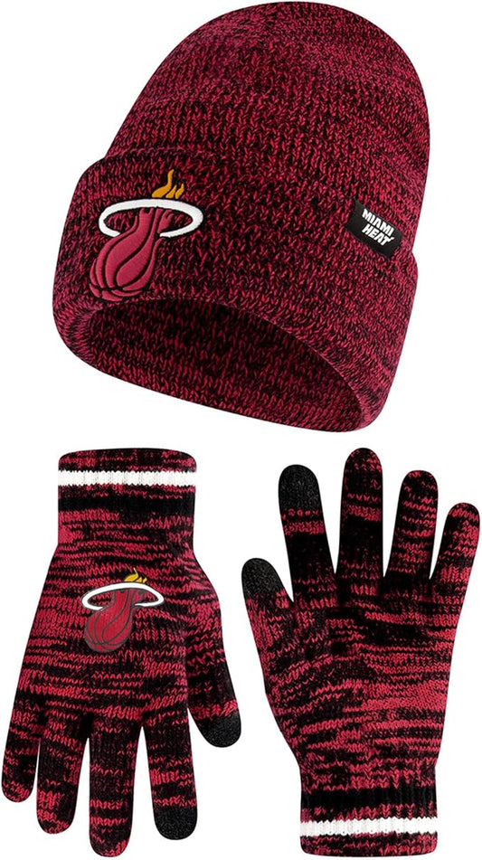 Ultra Game NBA Official Youth Super Soft Winter Beanie Knit Hat with Extra Warm Touch Screen Gloves, Miami Heat, Team Color|Miami Heat