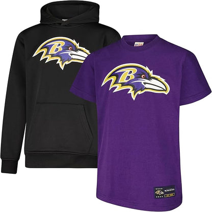 Ultra Game NFL Official Youth Super Soft T-Shirt & Hoodie Sweatshirt Set, Baltimore Ravens|Baltimore Ravens