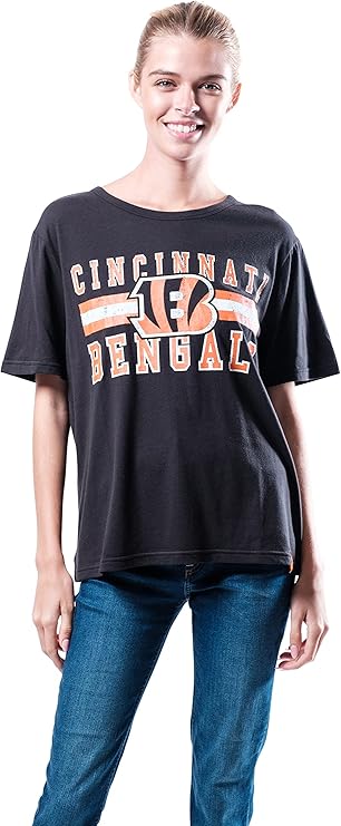 Ultra Game NFL Official Women's Distressed Graphics Super Soft Crew Neck T-Shirt, Cincinnati Bengals, Team Color|Cincinnati Bengals