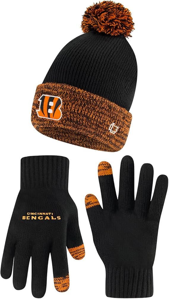 NFL Official Youth Super Soft Two Tone Winter Beanie Knit Hat with Extra Warm Touch Screen Gloves|Cincinnati Bengals