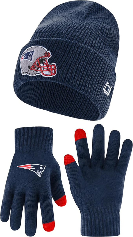 Ultra Game NFL Official Adults Super Soft Heritage Logo Winter Beanie Knit Hat with Extra Warm Touch Screen Gloves, New England Patriots, Team Color, One Size|New England Patriots