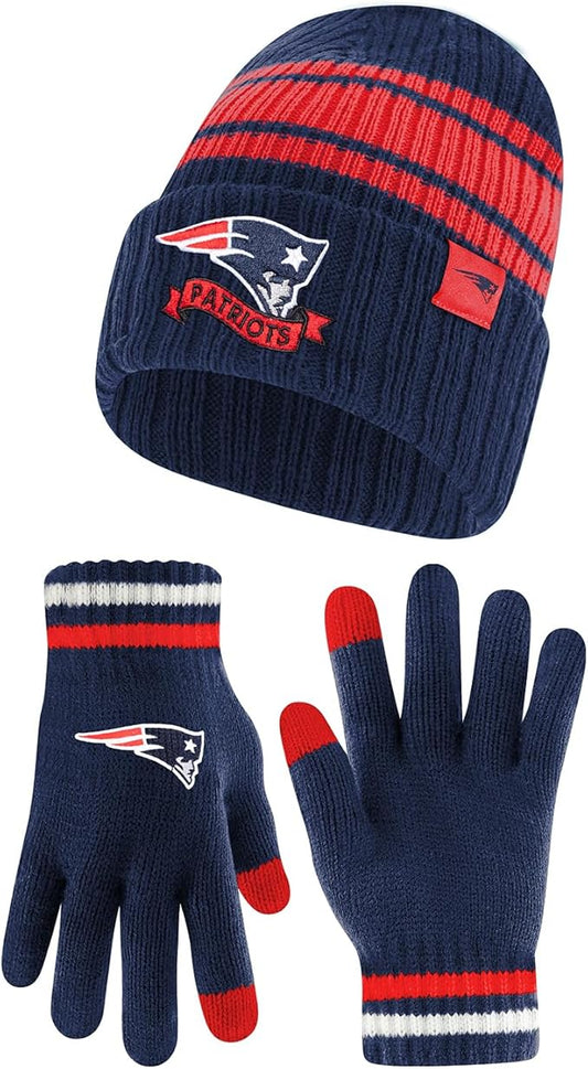 Ultra Game NFL New England Patriots Womens Super Soft Team Stripe Winter Beanie Knit Hat with Extra Warm Touch Screen Gloves|New England Patriots