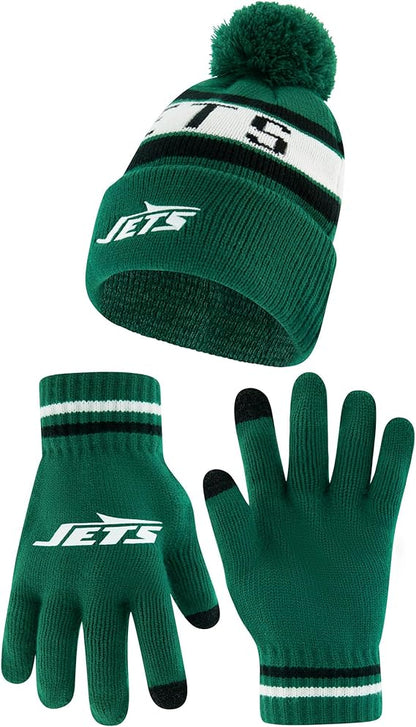 Ultra Game NFL Official Youth Super Soft Winter Beanie Knit Hat With Extra Warm Touch Screen Gloves, New York Jets, Team Color 1, 1 SIZE|New York Jets