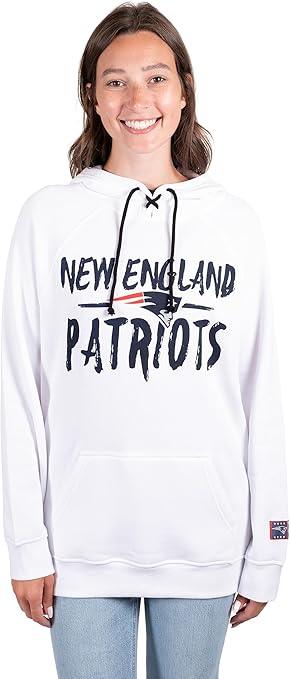 Ultra Game NFL Official Women's Super Soft Tie Neck Pullover Hoodie Sweatshirt, New England Patriots, White|New England Patriots