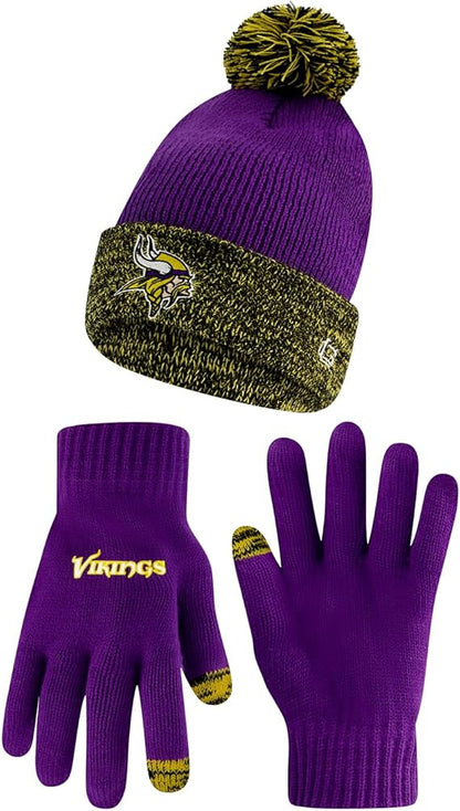 Ultra Game NFL Official Adults Super Soft Two Tone Winter Beanie Knit Hat with Extra Warm Touch Screen Gloves, Minnesota Vikings, Team Color, One Size|Minnesota Vikings