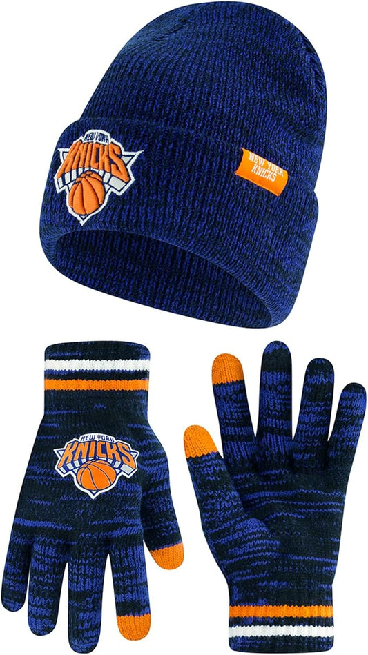 Ultra Game NBA Official Youth Super Soft Winter Beanie Knit Hat with Extra Warm Touch Screen Gloves, New York Knicks, Team Color|New York Knicks