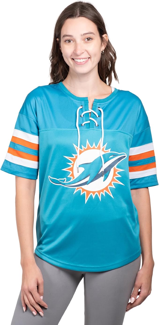 NFL Miami Dolphins Womens Standard Lace Up Tee Shirt Penalty Box|Miami Dolphins