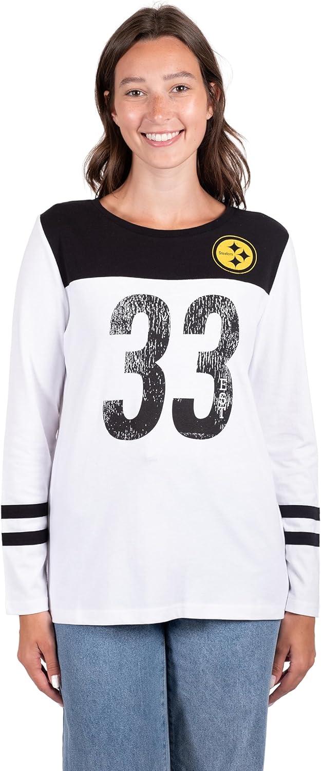 Ultra Game NFL Official Women's Super Soft Raglan Vintage Baseball T-Shirt, Pittsburgh Steelers, White|Pittsburgh Steelers