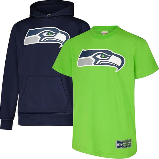 Ultra Game NFL Official Youth Super Soft T-Shirt & Hoodie Sweatshirt Set, Seattle Seahawks|Seattle Seahawks